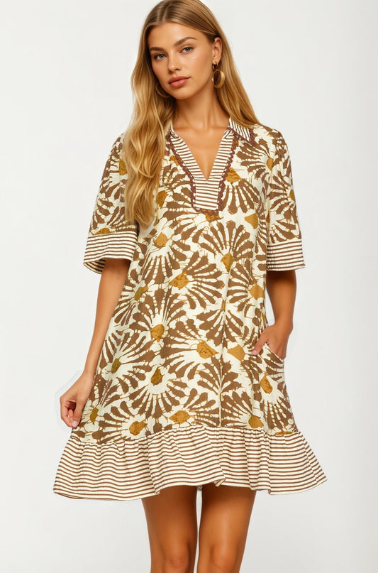 Printed V-Neck Mini Dress with Striped Trim