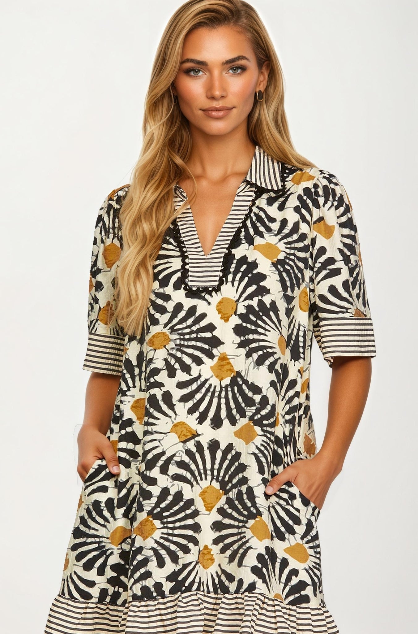 Printed V-Neck Mini Dress with Striped Trim