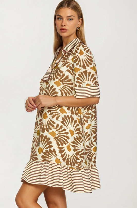Printed V-Neck Mini Dress with Striped Trim
