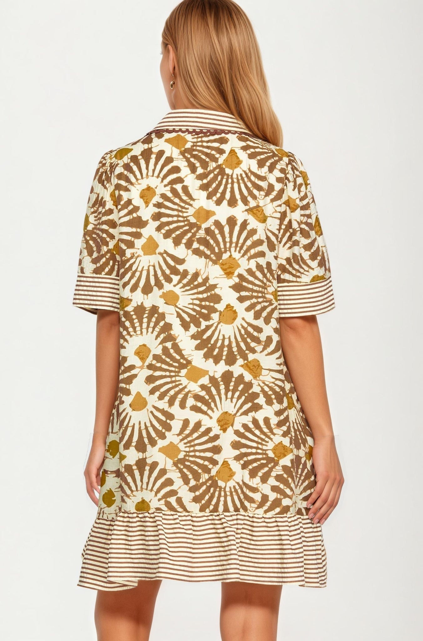 Printed V-Neck Mini Dress with Striped Trim