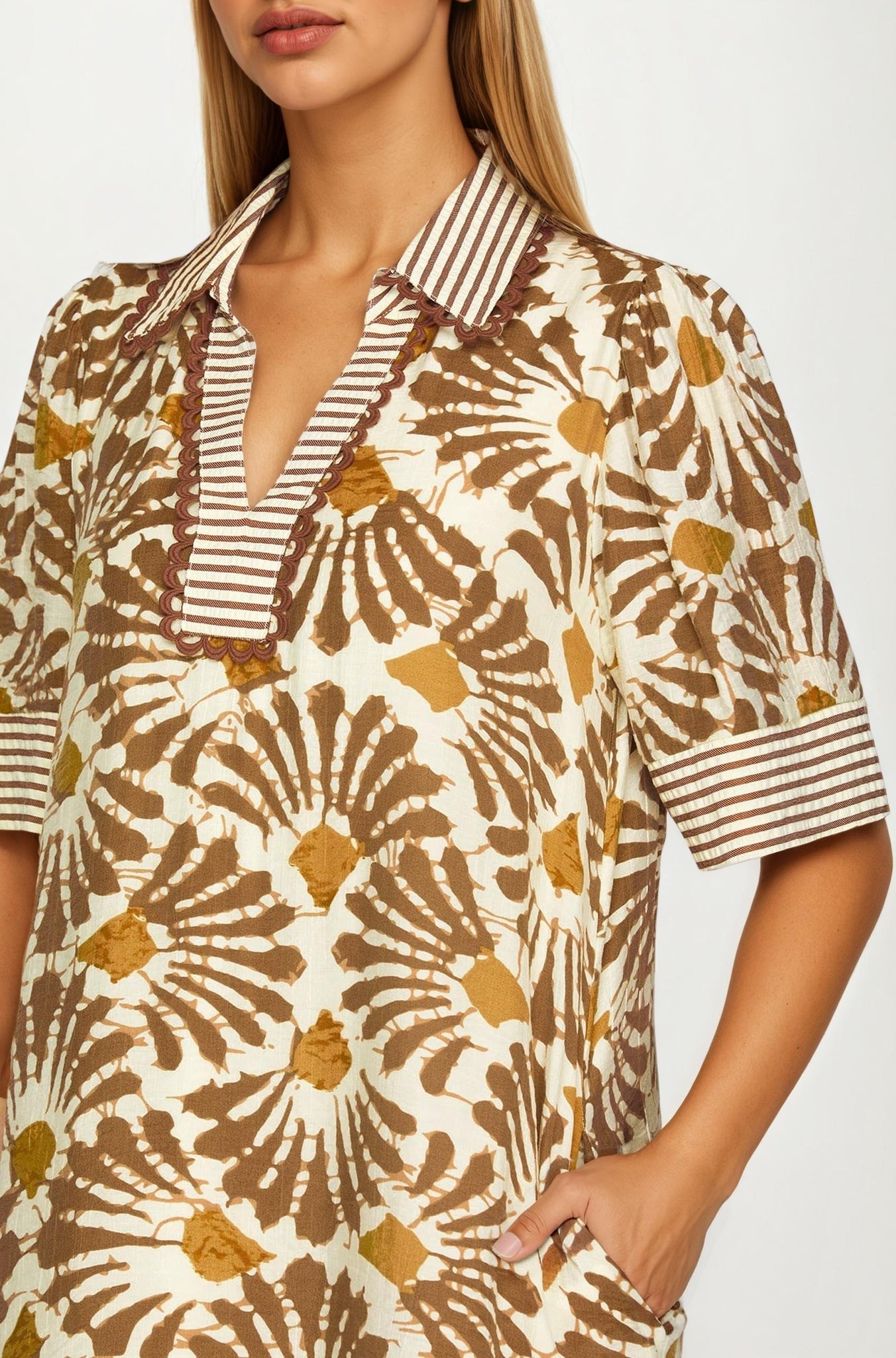 Printed V-Neck Mini Dress with Striped Trim