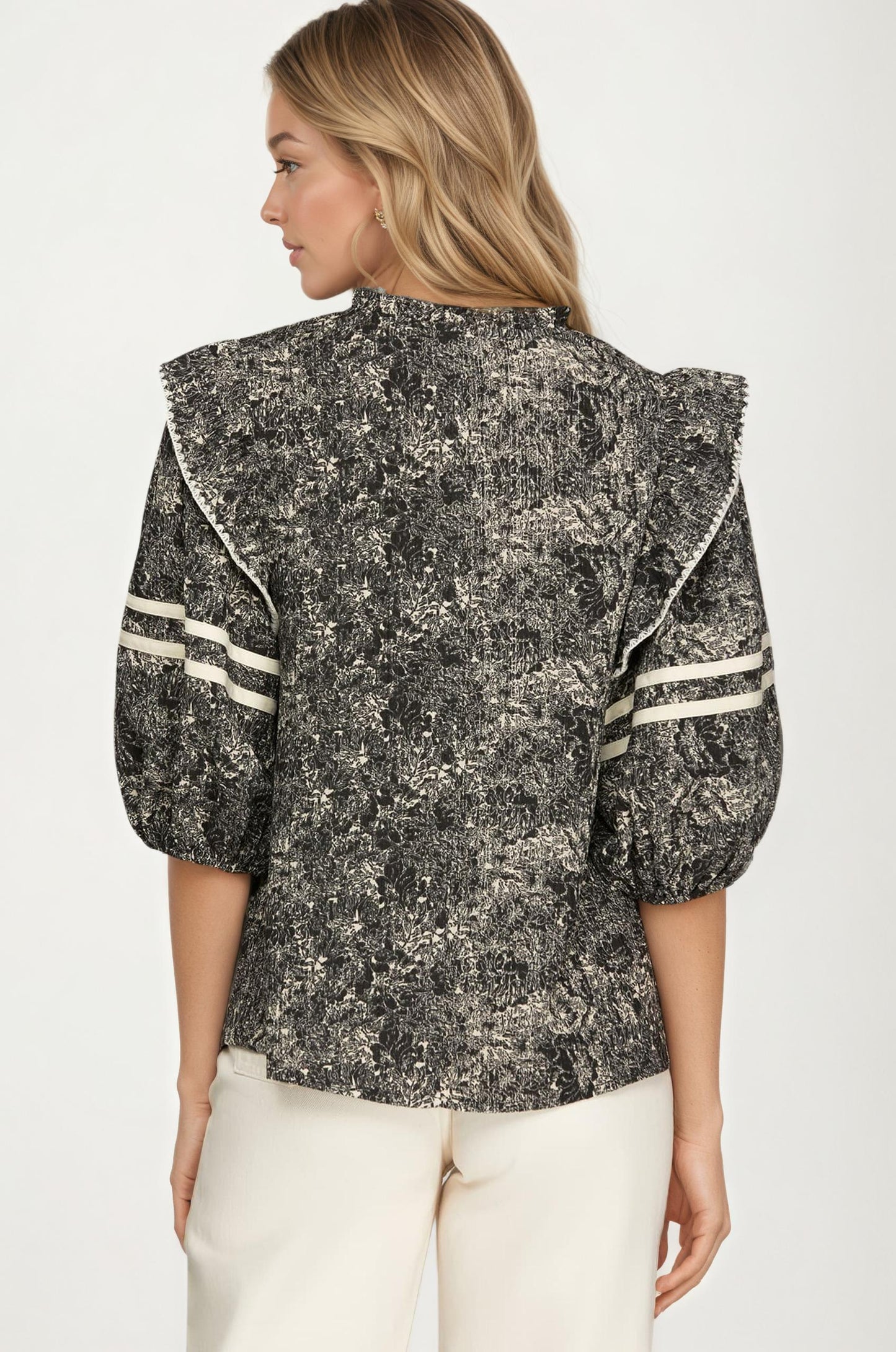 Floral Print Ruffle Shoulder Blouse with Half Sleeves
