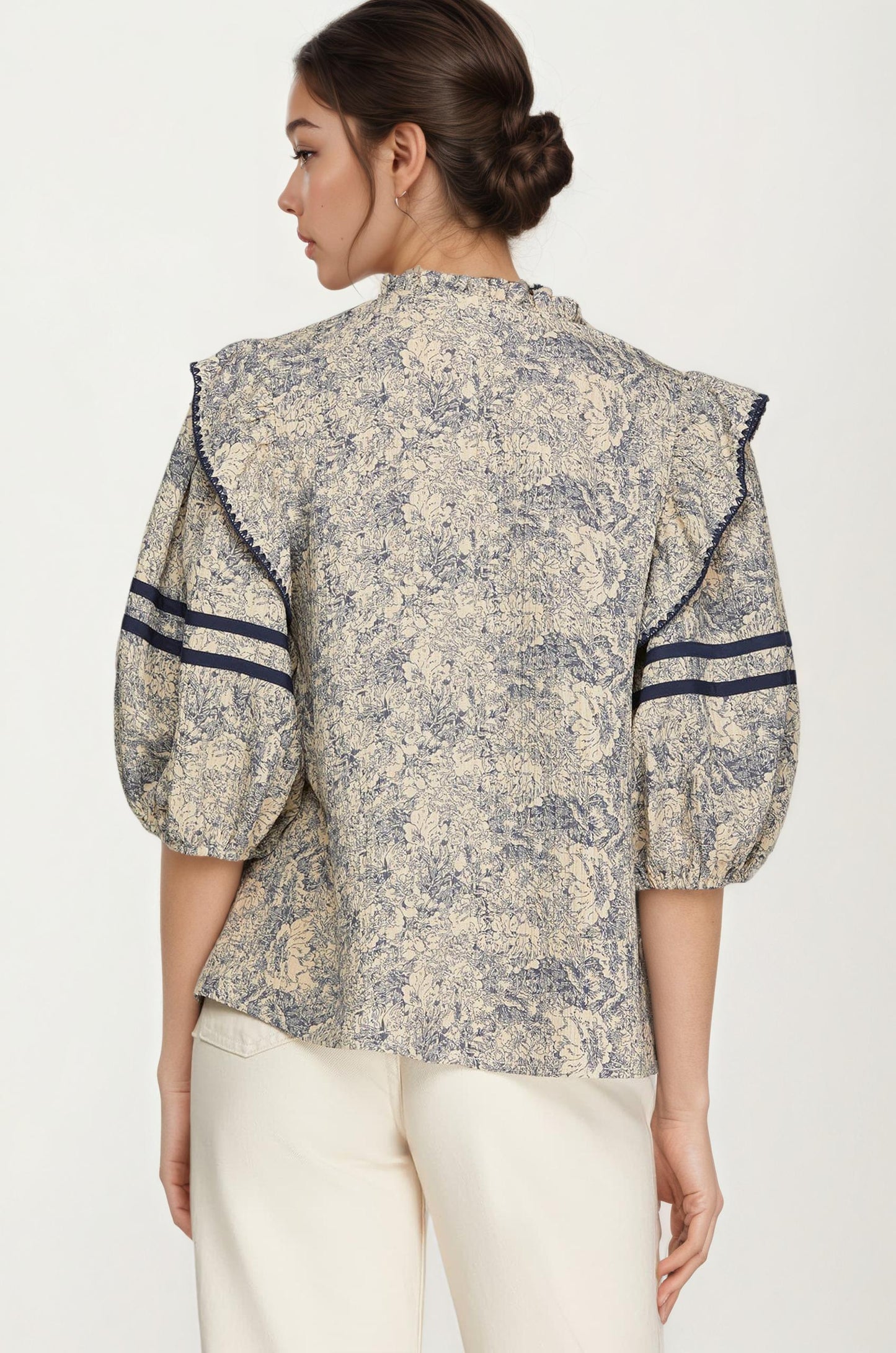 Floral Print Ruffle Shoulder Blouse with Half Sleeves