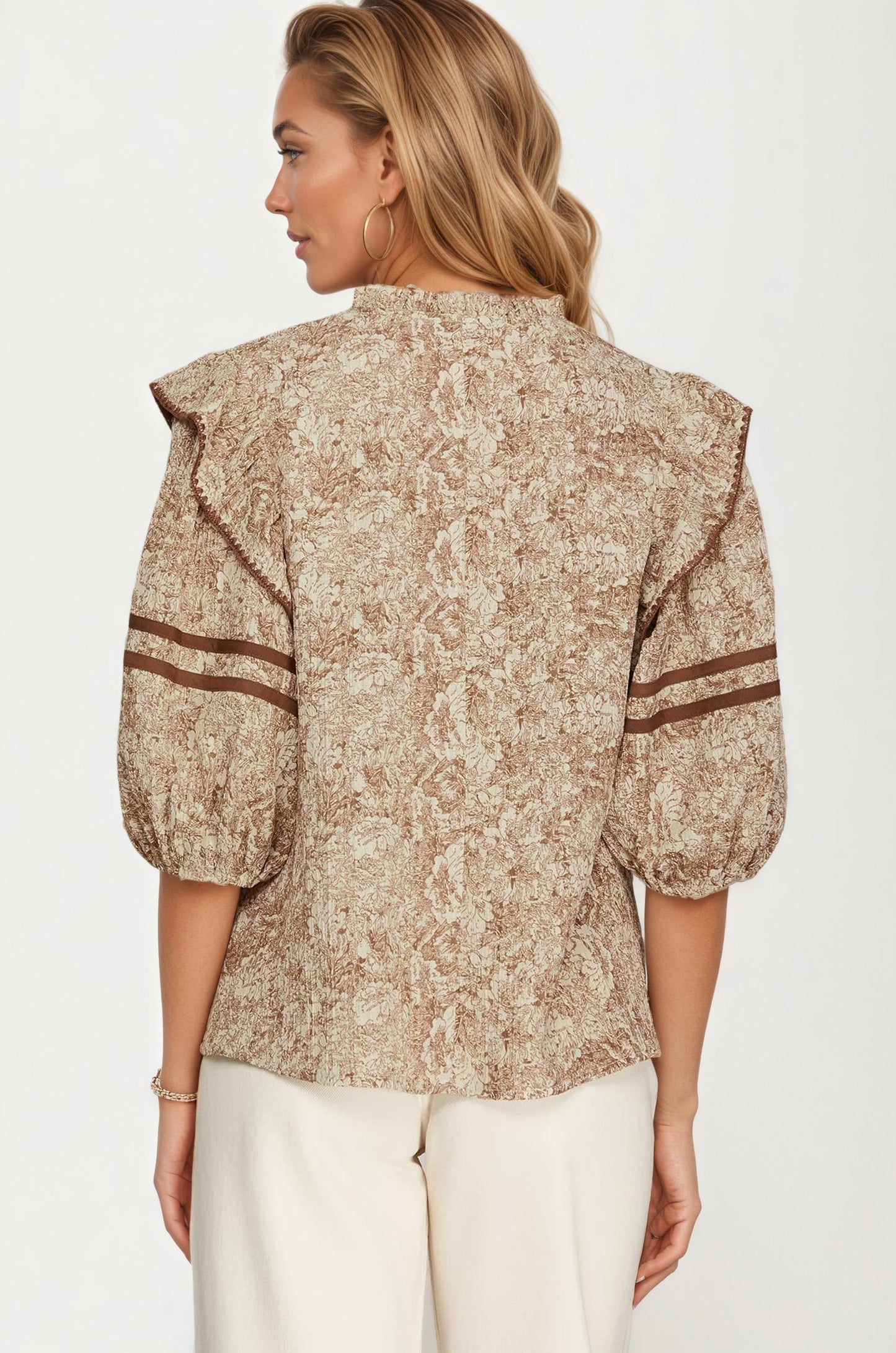 Floral Print Ruffle Shoulder Blouse with Half Sleeves