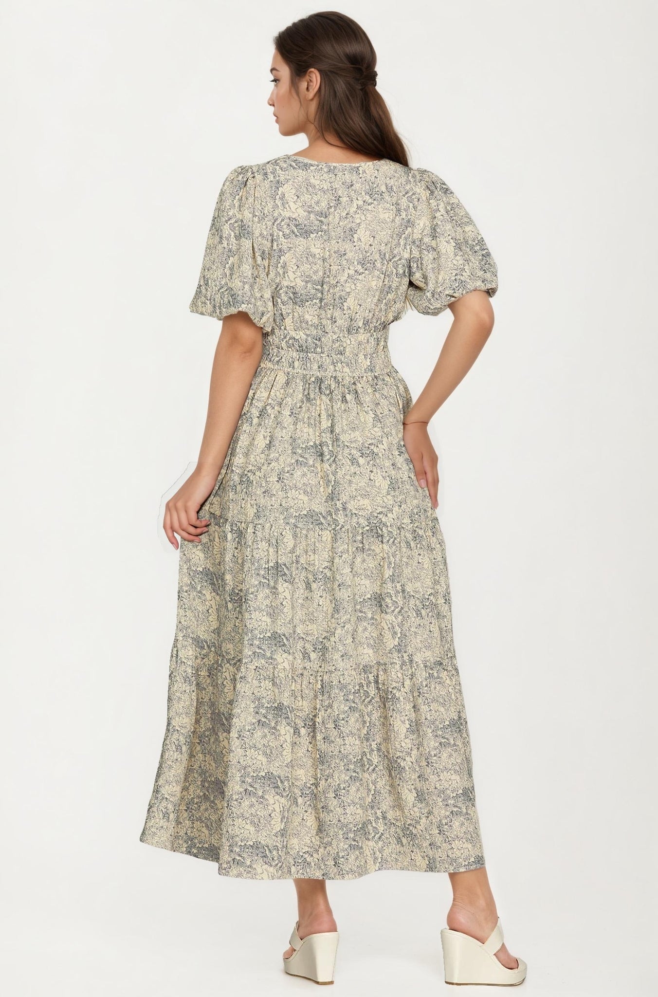 Floral Print Smocked Waist Maxi Dress with Short Sleeves