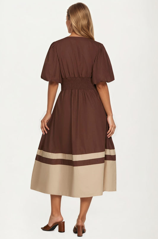 Colorblock Zip Front Midi Dress with Puff Sleeves