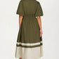 Colorblock Zip Front Midi Dress with Puff Sleeves