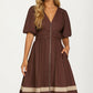 Colorblock Zip Front Midi Dress with Puff Sleeves