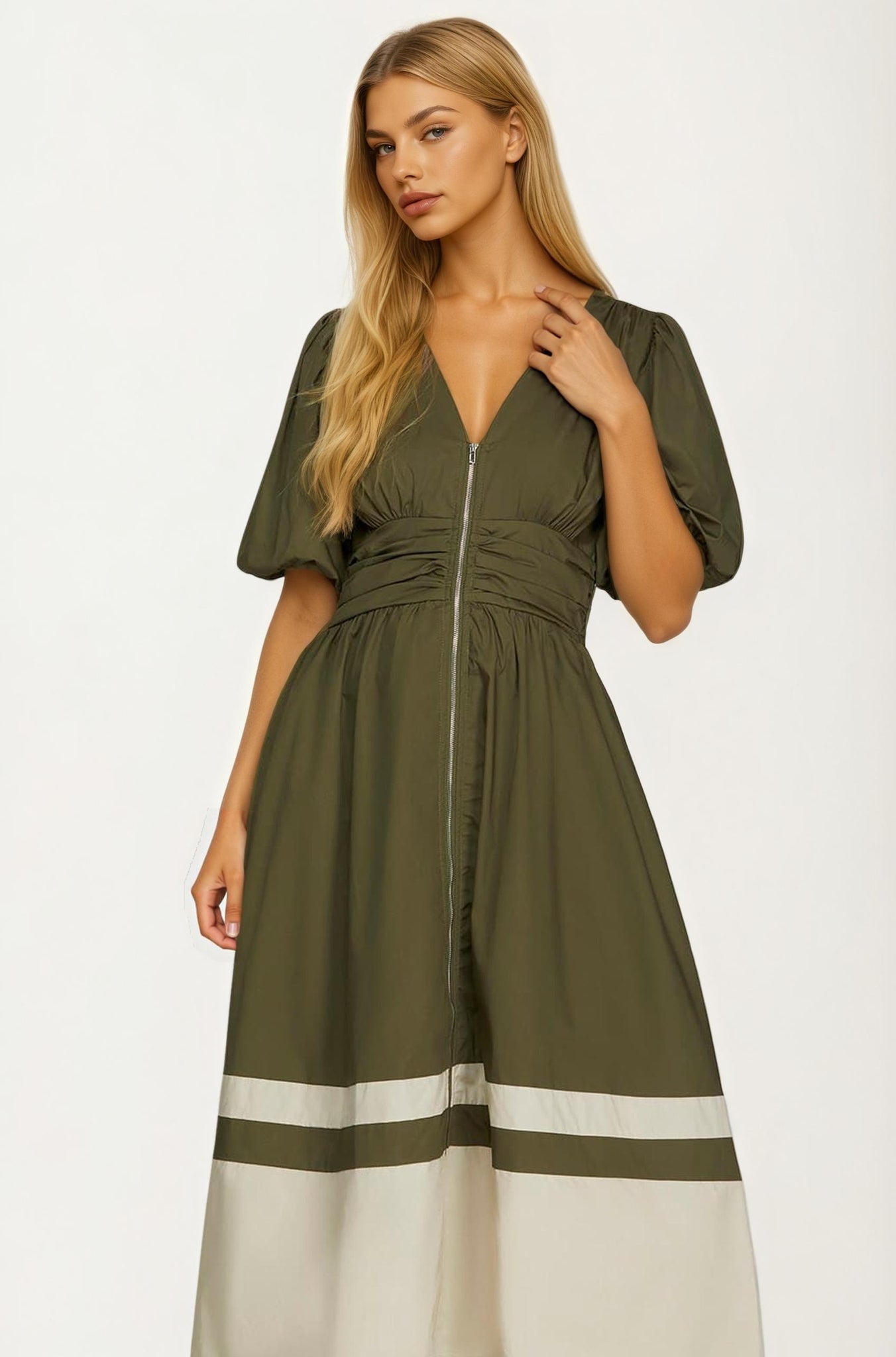 Colorblock Zip Front Midi Dress with Puff Sleeves