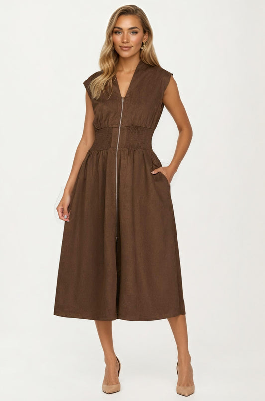 Zip Front Sleeveless Midi Dress with Smocked Waist