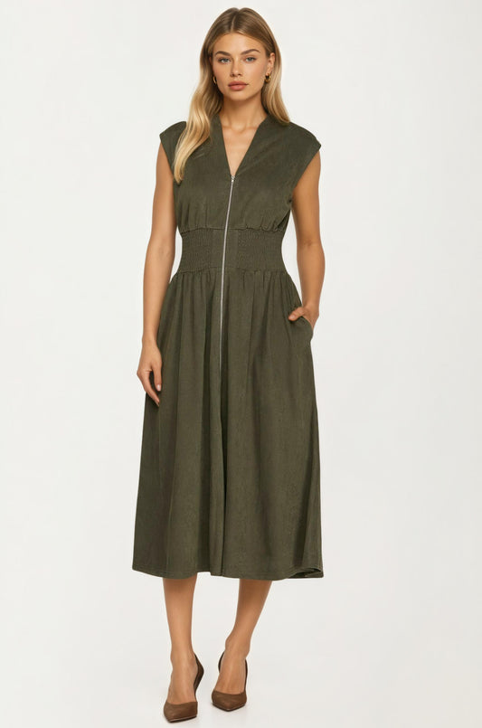 Zip Front Sleeveless Midi Dress with Smocked Waist