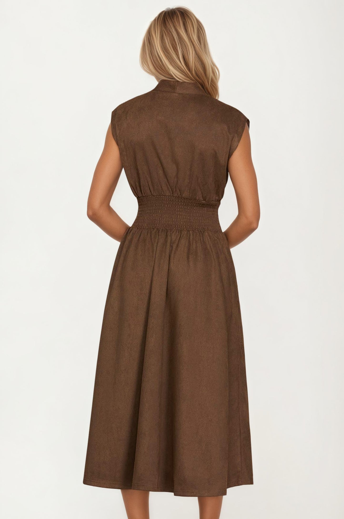 Zip Front Sleeveless Midi Dress with Smocked Waist