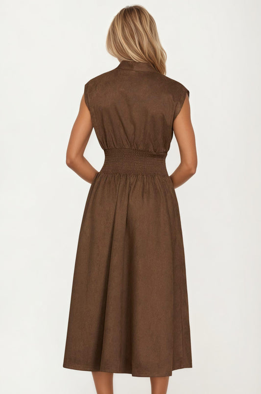 Zip Front Sleeveless Midi Dress with Smocked Waist
