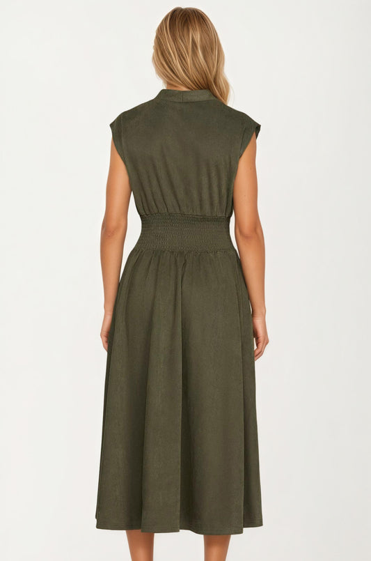 Zip Front Sleeveless Midi Dress with Smocked Waist
