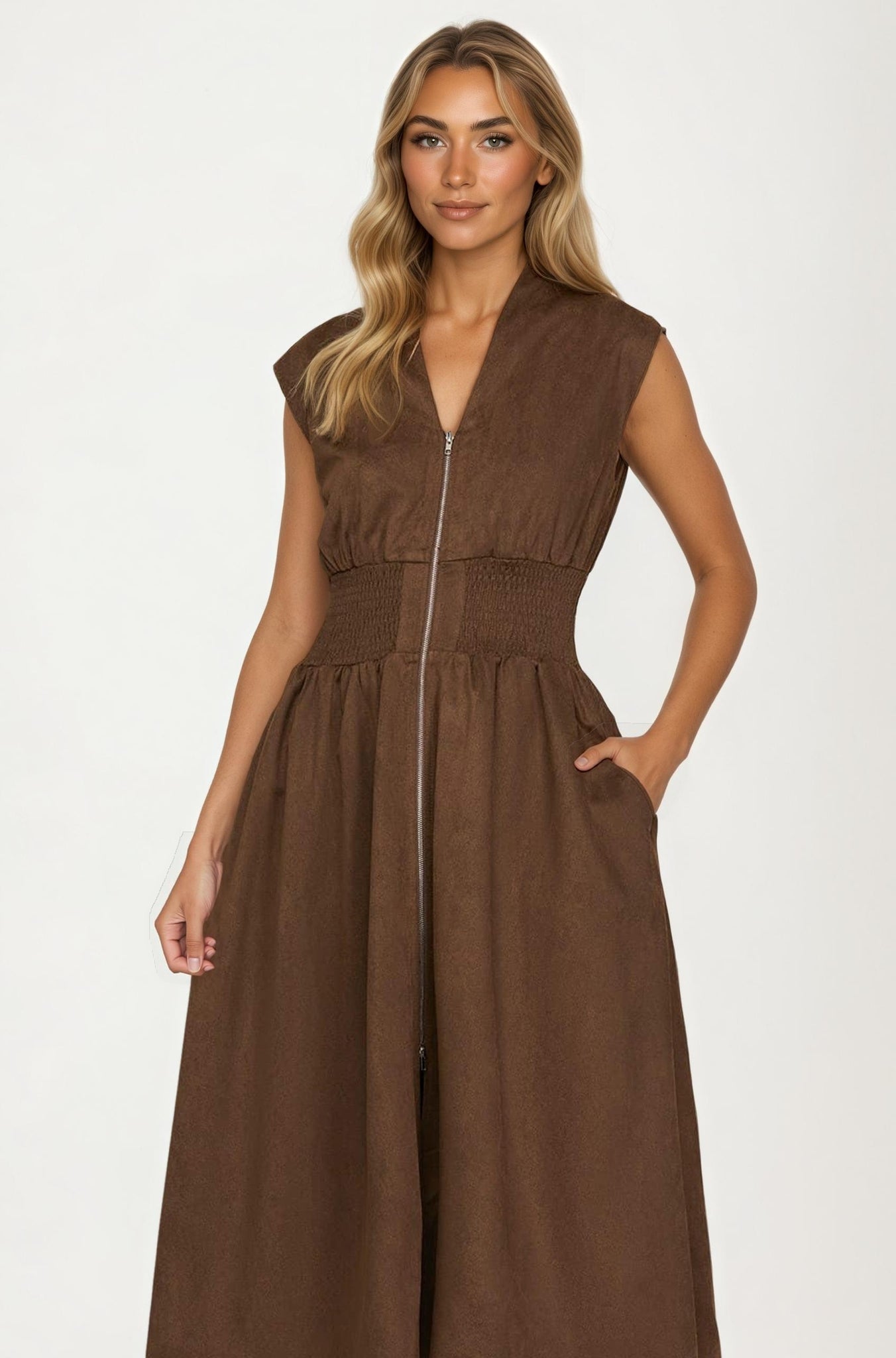 Zip Front Sleeveless Midi Dress with Smocked Waist