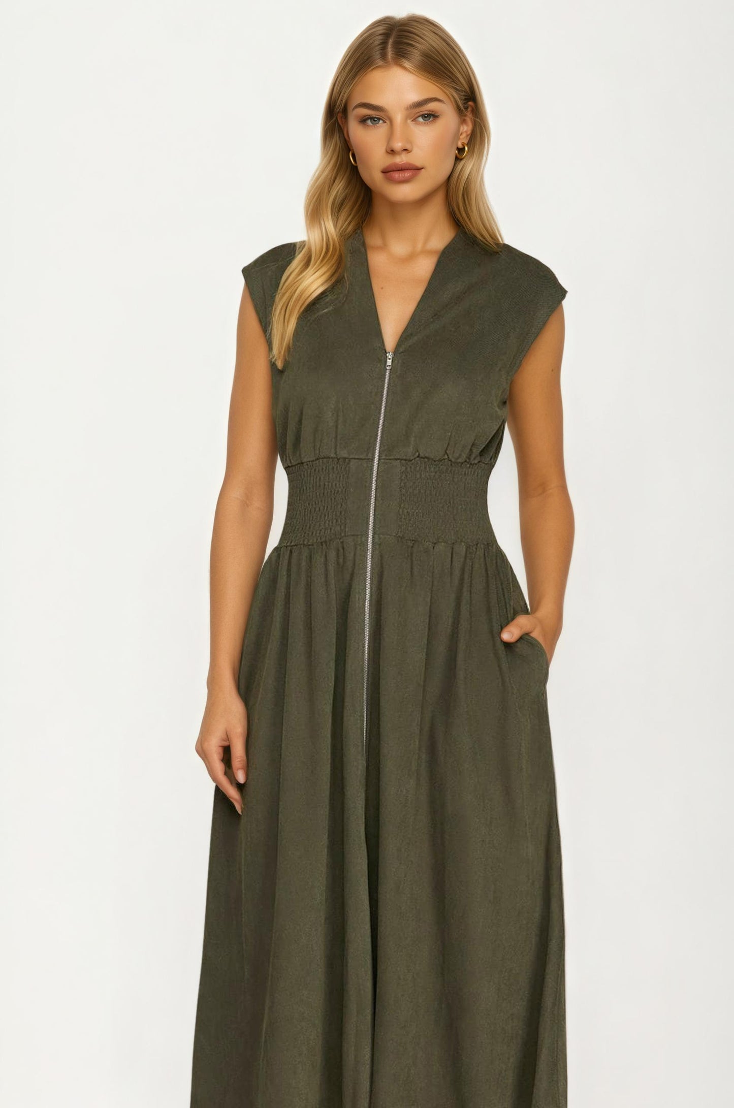 Zip Front Sleeveless Midi Dress with Smocked Waist