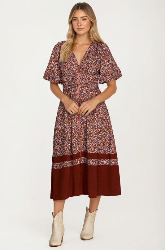 Floral Print Zip Front Midi Dress with Short Sleeves