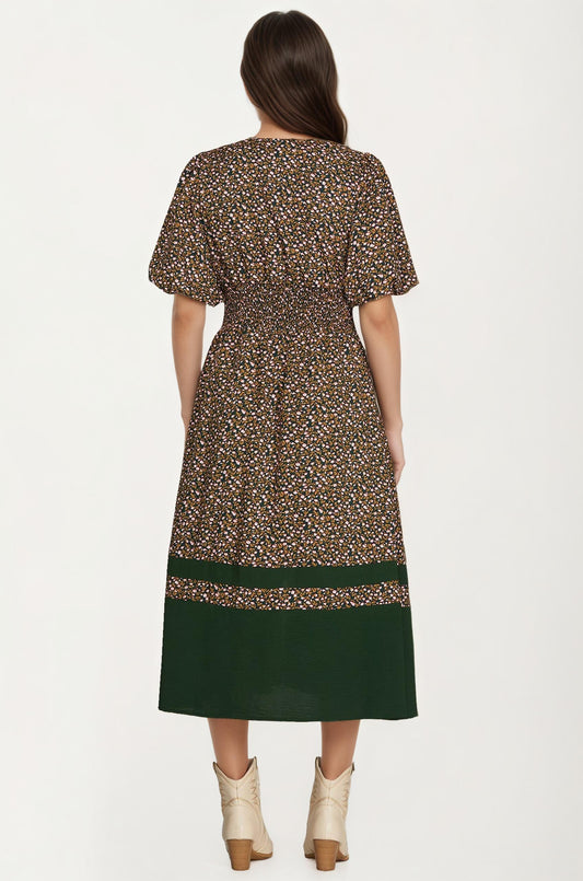 Floral Print Zip Front Midi Dress with Short Sleeves