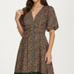 Floral Print Zip Front Midi Dress with Short Sleeves