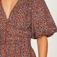 Floral Print Zip Front Midi Dress with Short Sleeves