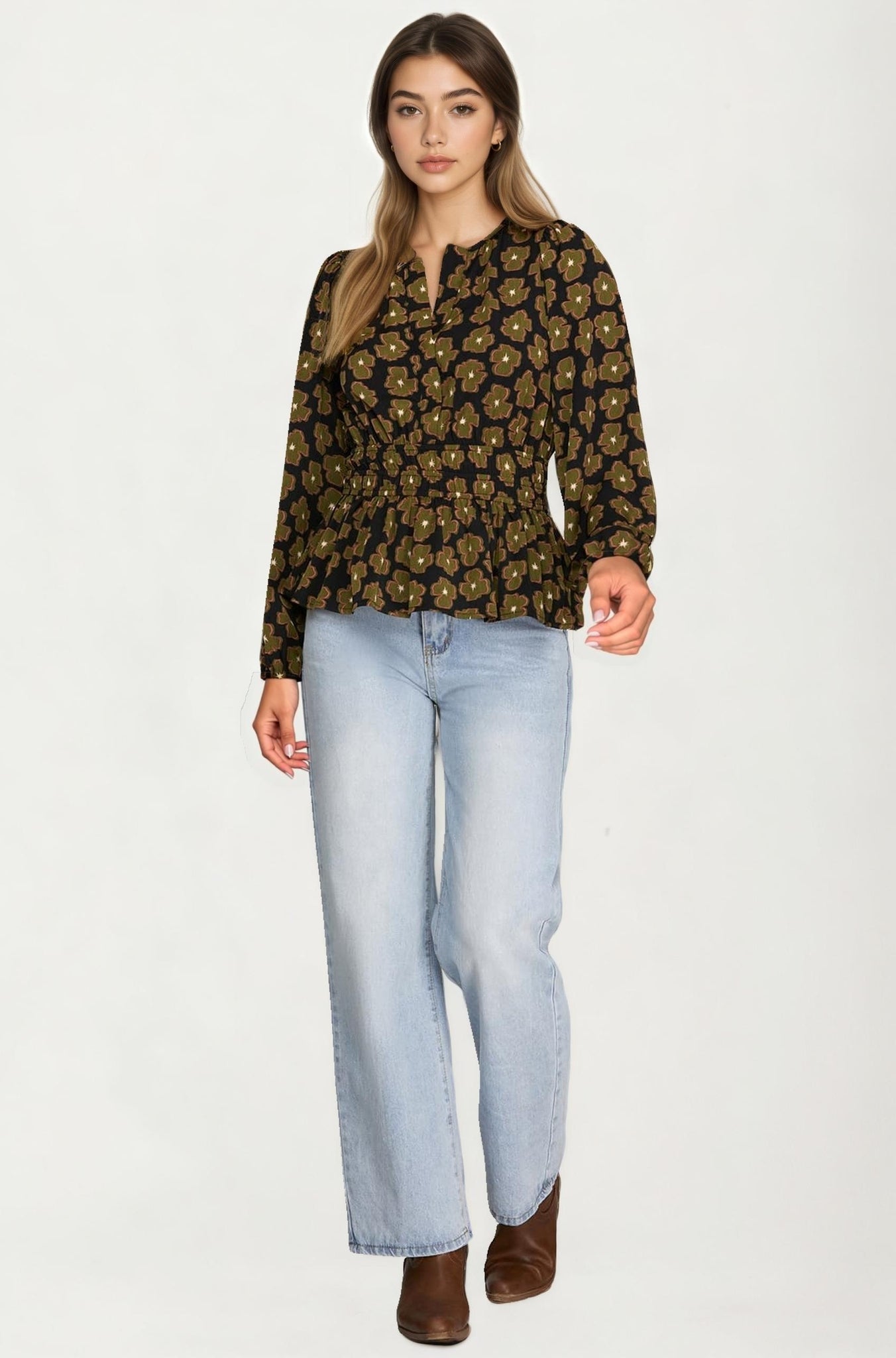 Floral Print Smocked Waist Long Sleeve Blouse