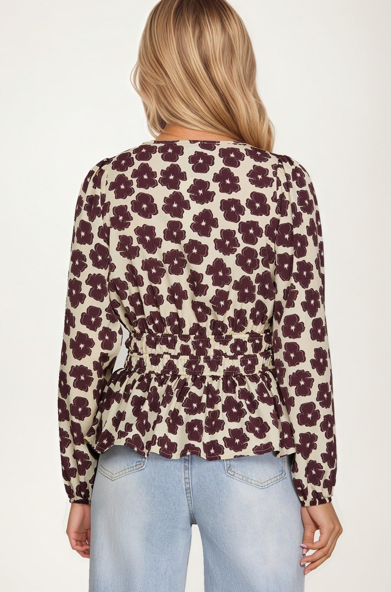 Floral Print Smocked Waist Long Sleeve Blouse