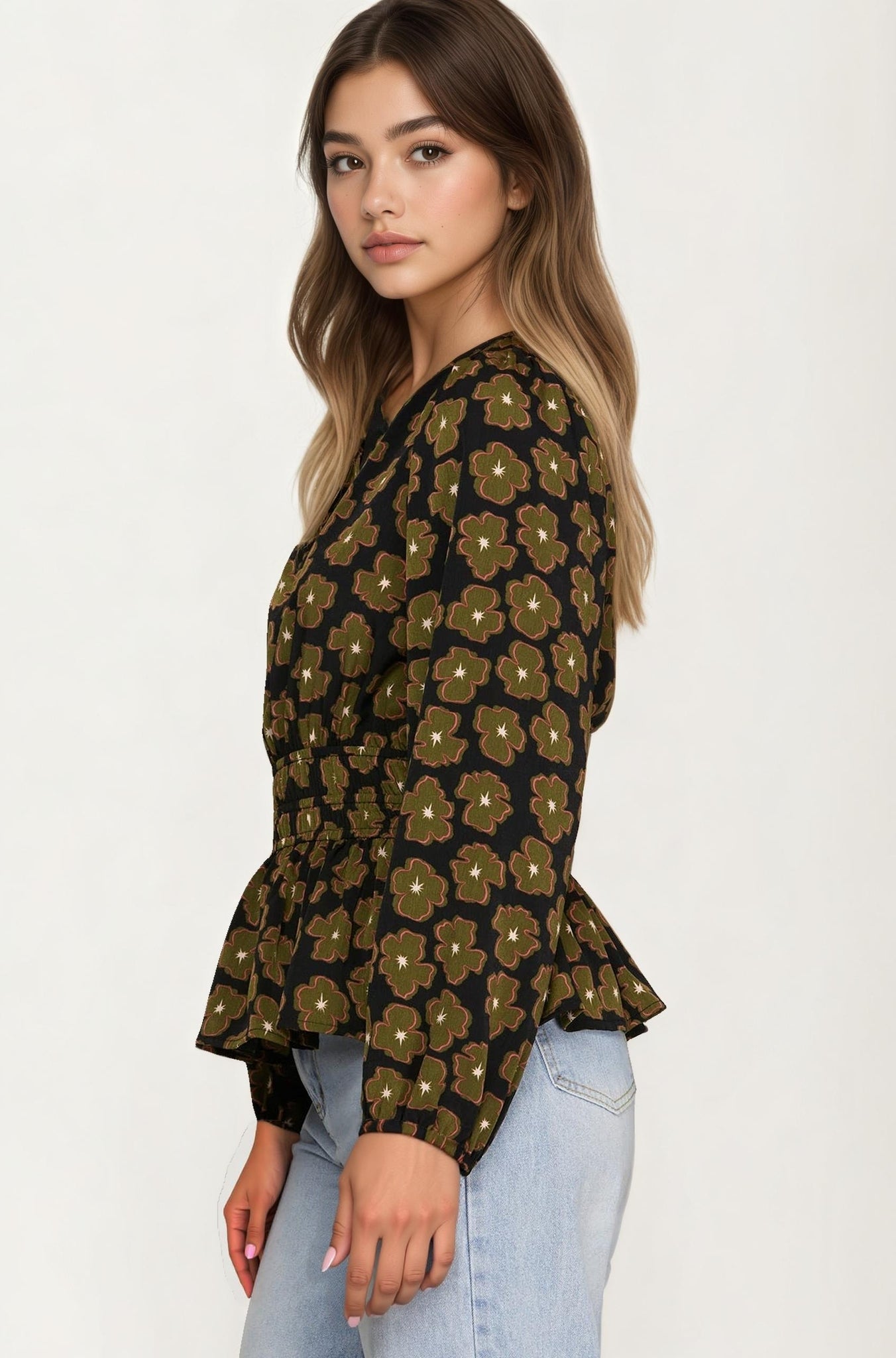Floral Print Smocked Waist Long Sleeve Blouse