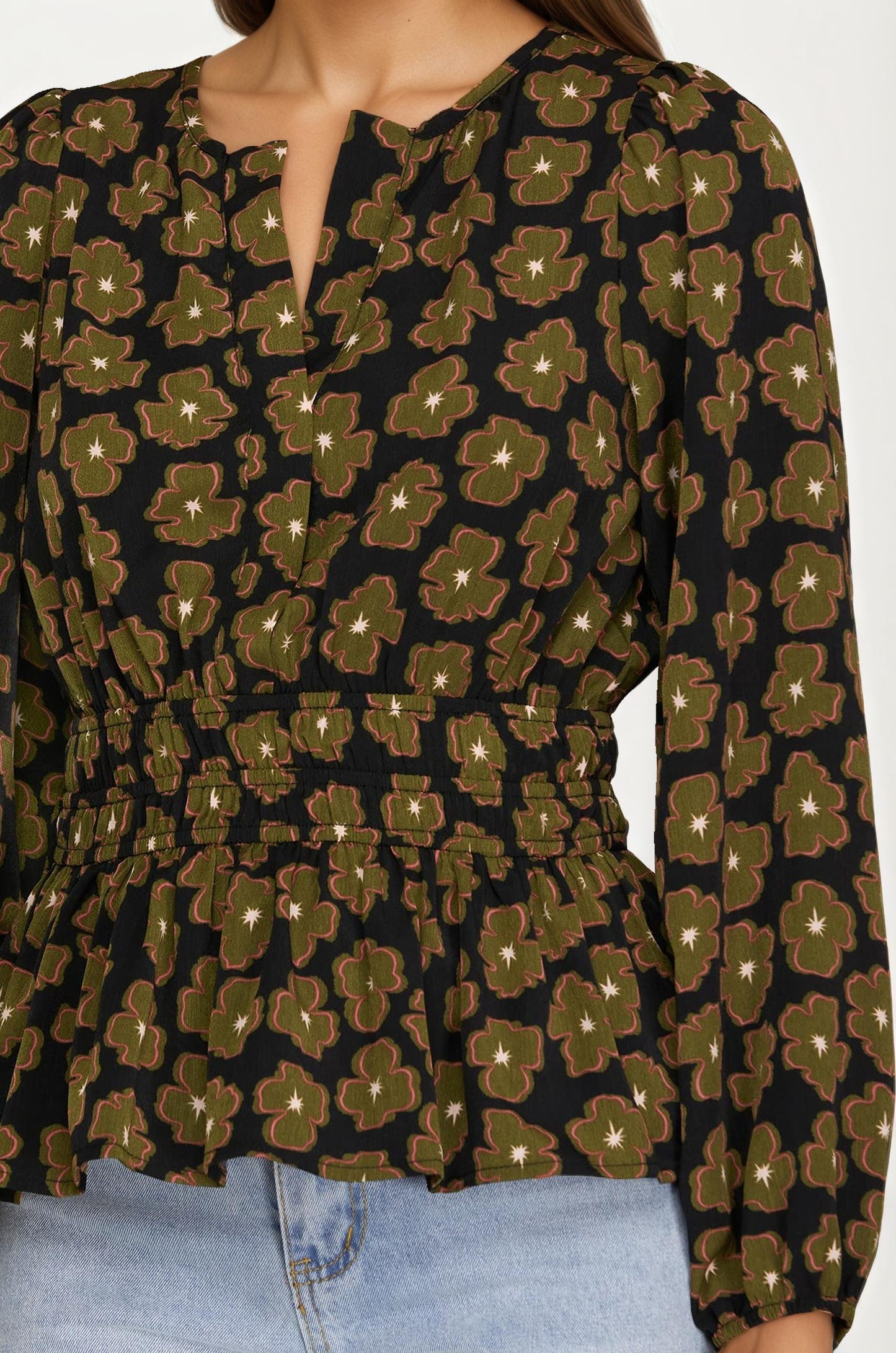 Floral Print Smocked Waist Long Sleeve Blouse