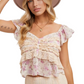 Floral Ruffle Cap Sleeve Top Sweetheart Neck Soft Pink Beige Blush Print