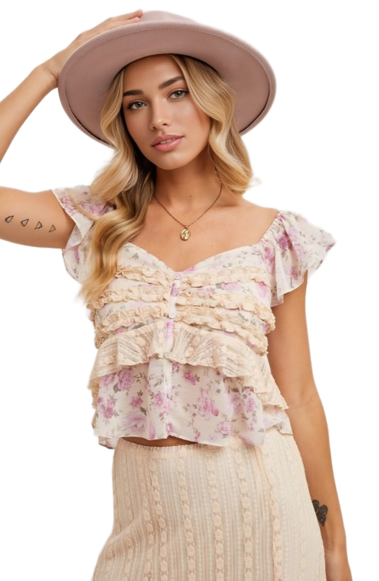 Floral Ruffle Cap Sleeve Top Sweetheart Neck Soft Pink Beige Blush Print