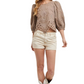 Taupe Embroidered Puff Sleeve Blouse with Scallop Hem and Cutout Detailing