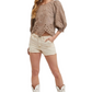 Taupe Embroidered Puff Sleeve Blouse with Scallop Hem and Cutout Detailing