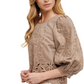 Taupe Embroidered Puff Sleeve Blouse with Scallop Hem and Cutout Detailing
