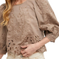 Taupe Embroidered Puff Sleeve Blouse with Scallop Hem and Cutout Detailing
