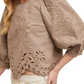 Taupe Embroidered Puff Sleeve Blouse with Scallop Hem and Cutout Detailing
