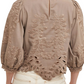 Taupe Embroidered Puff Sleeve Blouse with Scallop Hem and Cutout Detailing