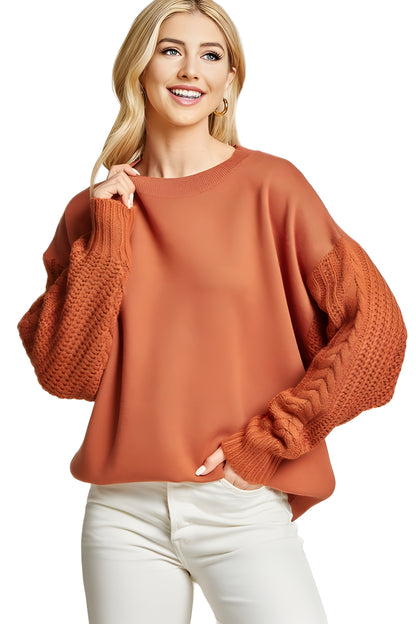 Rust Knit Mixed Media Pullover With Textured Cable Sleeves