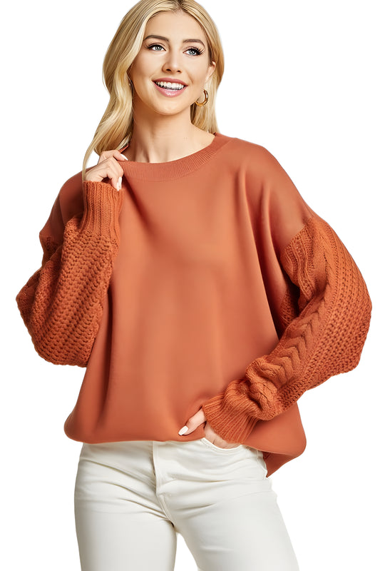 Rust Knit Mixed Media Pullover With Textured Cable Sleeves