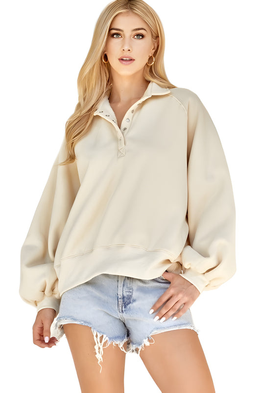 Cream Relaxed Henley Pullover With Balloon Sleeves