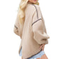 Beige Ribbed Knit Pullover With Whipstitch Trim Detail