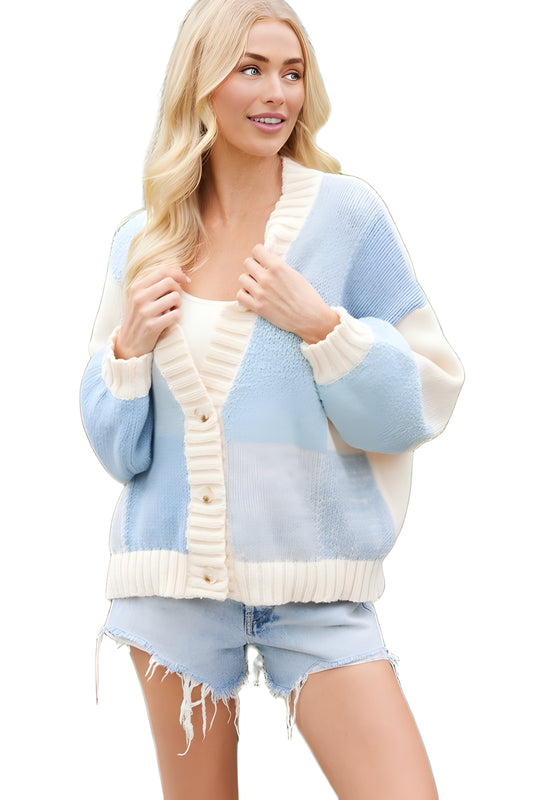 Soft Color Block Button Front Cardigan With Ribbed Trim