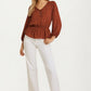 V-Neck Button Front Peplum Blouse with Long Sleeves