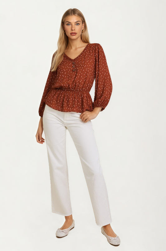 V-Neck Button Front Peplum Blouse with Long Sleeves
