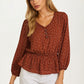 V-Neck Button Front Peplum Blouse with Long Sleeves