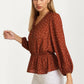 V-Neck Button Front Peplum Blouse with Long Sleeves