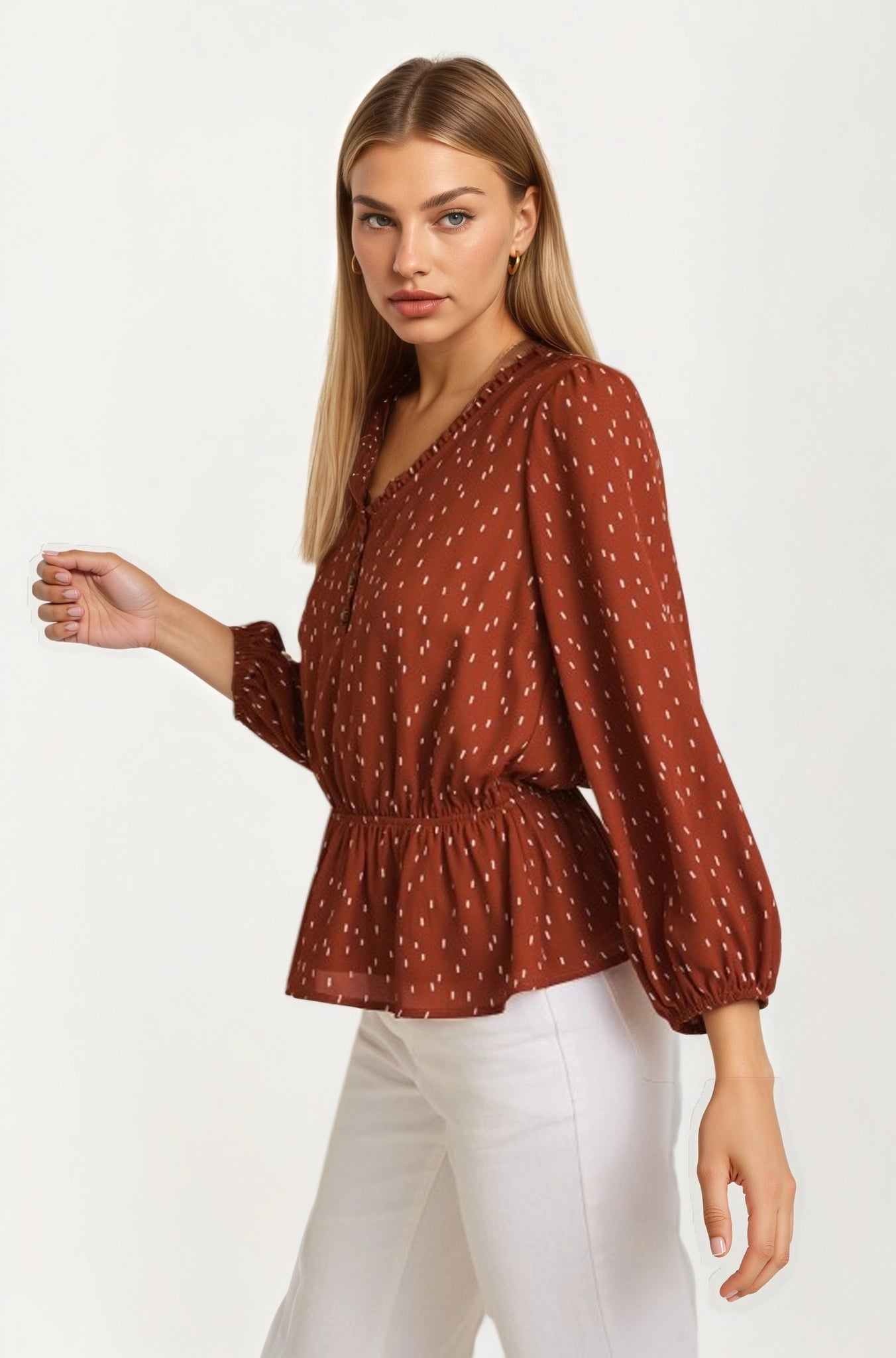 V-Neck Button Front Peplum Blouse with Long Sleeves