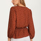 V-Neck Button Front Peplum Blouse with Long Sleeves