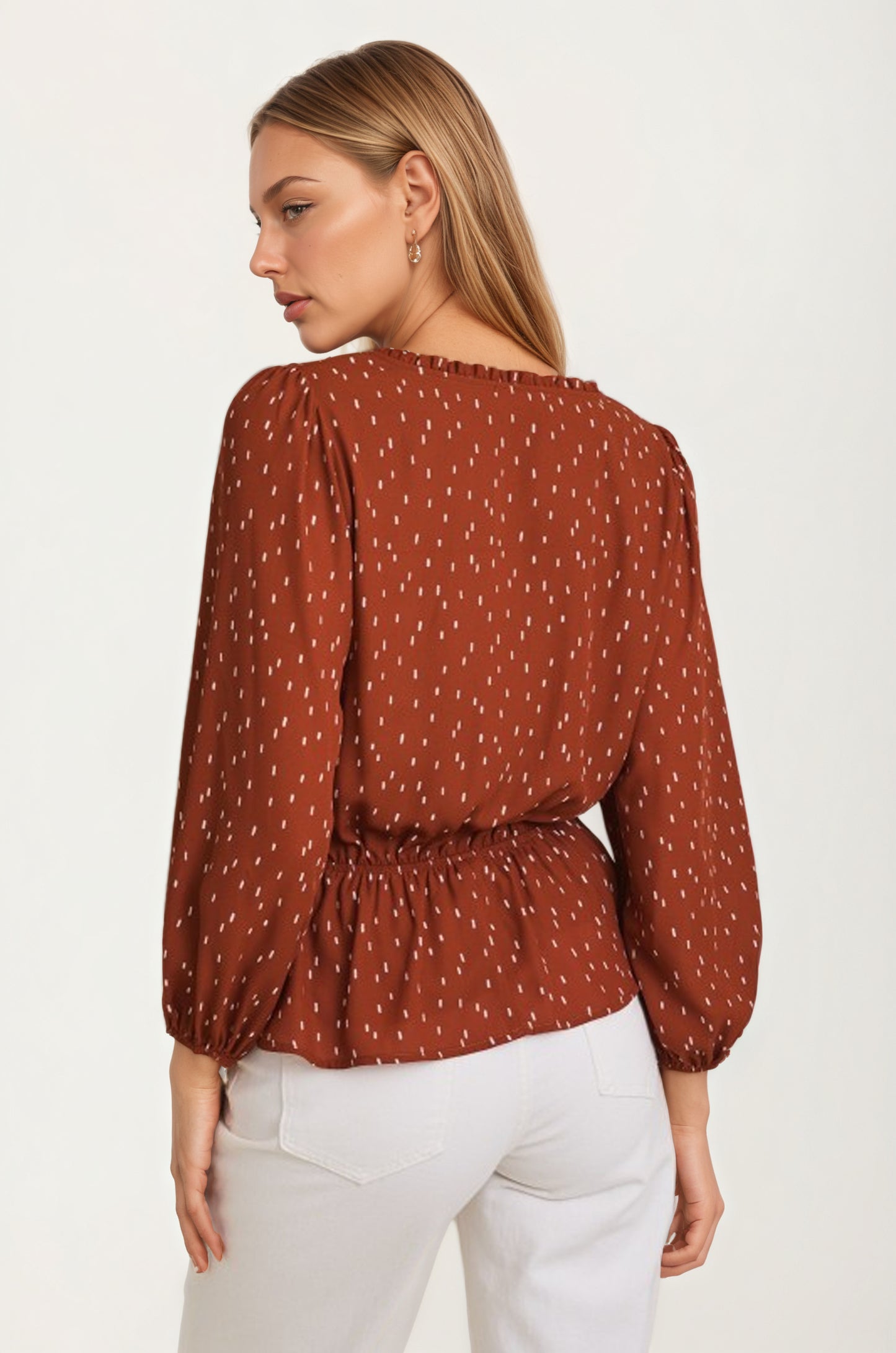 V-Neck Button Front Peplum Blouse with Long Sleeves
