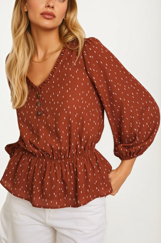 V-Neck Button Front Peplum Blouse with Long Sleeves