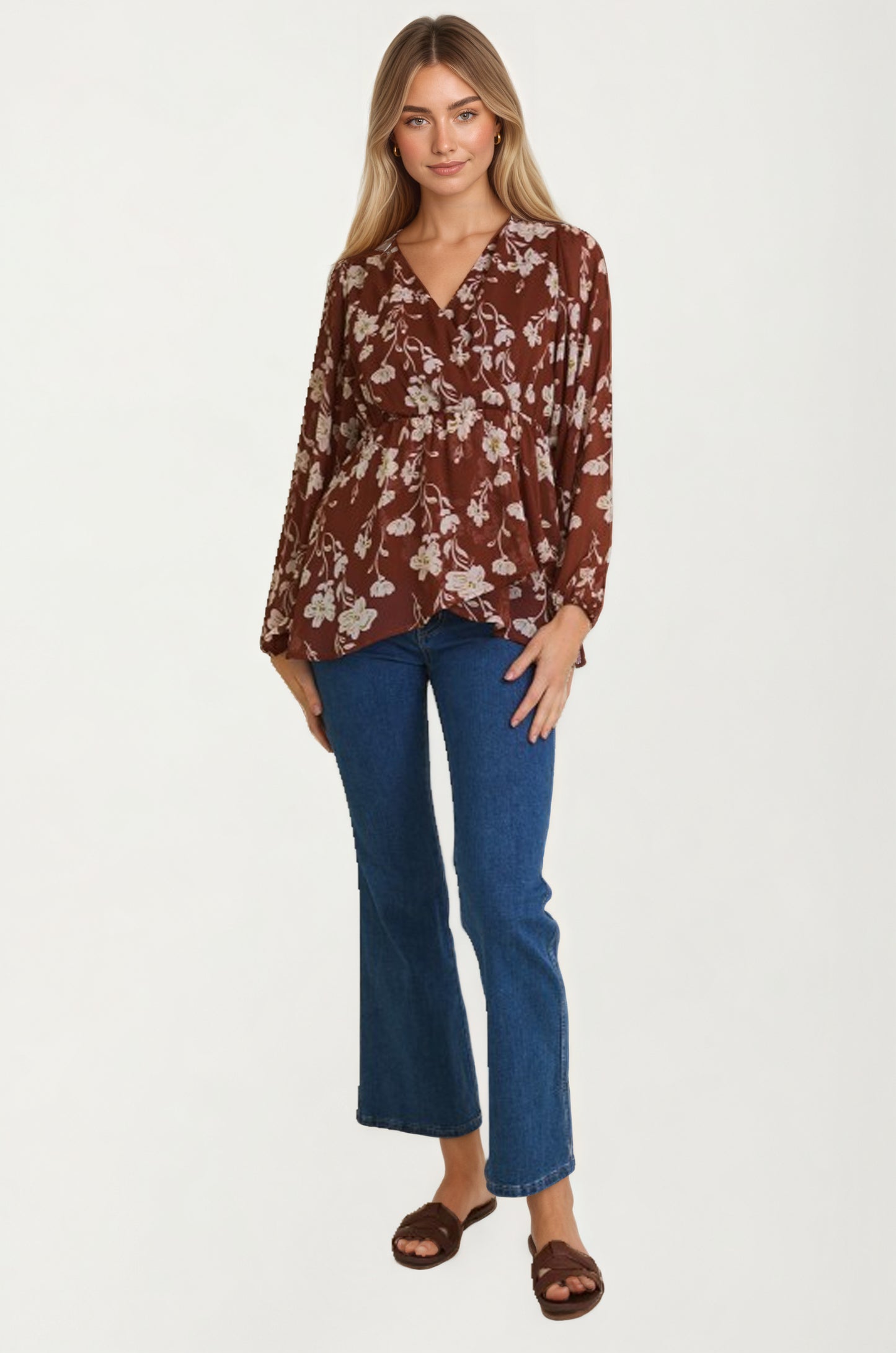 Long Sleeve Floral Wrap Blouse with Empire Waist